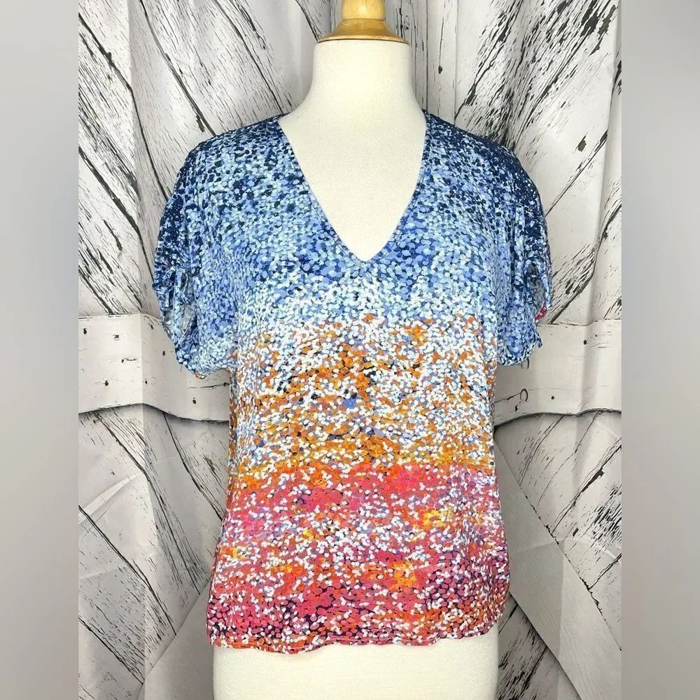 Anthropologie ECRU silk top watercolor v-neck M